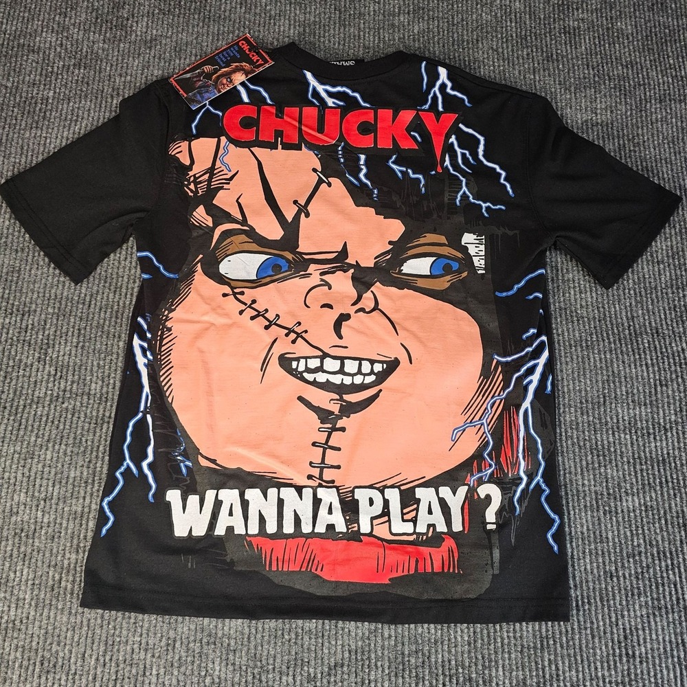 Chucky Shirt Mens Small Black Wanna Play Graphic Tee Embroidered Patch Horror NW